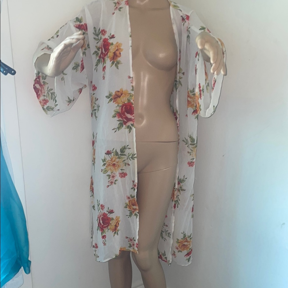 Floral Kimono - White with Red and Green Accents